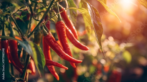 Fresh Red Chili Peppers Growing on Plant in Natural Light Setting