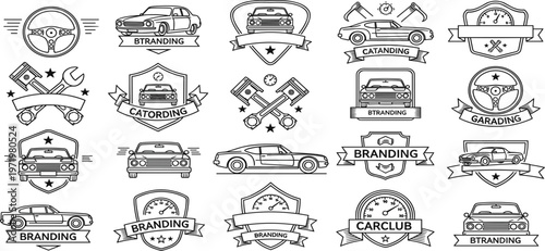 Car Club Badge Logo Set with Vintage Vehicles, Steering Wheel, Pistons and Automotive Emblems for Garage Branding, Motorsport Design and Classic Auto Graphics