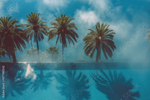 Tropical oasis with palm trees reflected in a shimmering pool