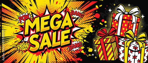 Black Friday Mega Sale with Comic Background and Festive Gift Boxes