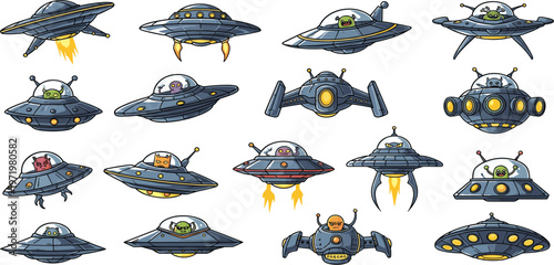 Cartoon UFO Spaceship Set with Aliens in Flying Saucers, Futuristic Spacecraft Collection for Sci Fi Illustration, Game Design and Kids Fantasy Graphics