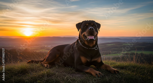 Happy Rottweiler Dog Relaxing Outdoors During Sunset in a Natural Landscape for Pet and Animal Enthusiasts Emoji
