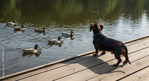 Dog Watchful Eyes Floating Ducks Calm Waters Nature Scene Outdoor Animal Behavior Leisure Emoji