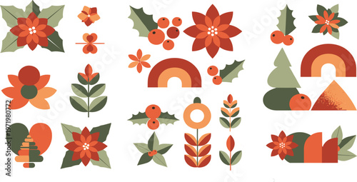 Christmas Botanical Element Set with Poinsettia, Holly Berries, Leaves and Winter Floral Decorations for Holiday Design, Greeting Cards and Seasonal Graphics