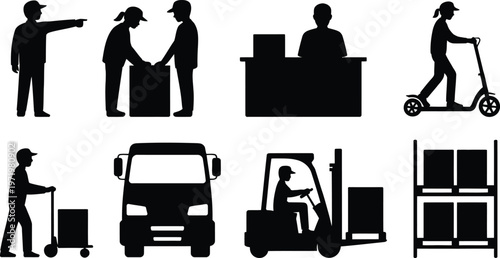 Logistics and transportation icons people vehicles and equipment silhouettes