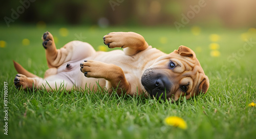 Playful puppy lying on green grass in a park during daytime with a blurred natural background Emoji