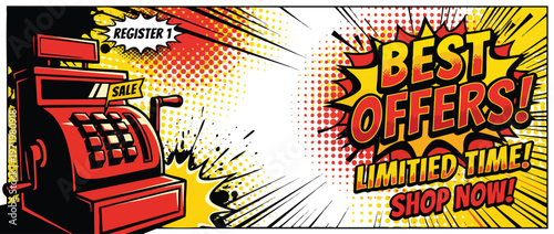 Black Friday Sale Cash Register with Comic Style Best Offers Text