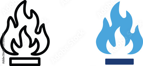 Natural gas flame icons set, blue fire burner symbol and black outline flame vector, clean energy and heating system graphics