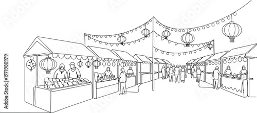 outdoor market stalls with people and decorations