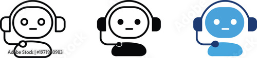 Chatbot customer support icon set, artificial intelligence robot with headset, automated virtual assistant vector graphics for helpdesk services