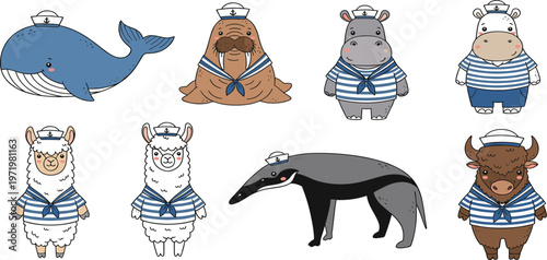 Cute Animal Sailor Character Set Featuring Whale, Walrus, Hippo, Llama, Buffalo and Badger in Nautical Outfit for Kids Illustration and Marine Theme Design