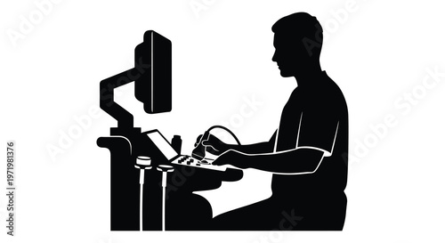 Doctor performing ultrasound examination with medical equipment a striking silhouette