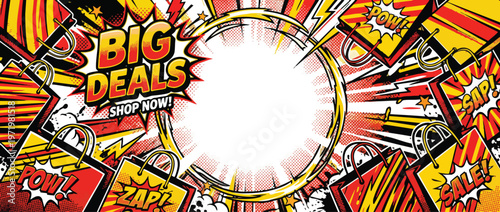 Black Friday Sale Shopping Bags Comic Burst Background with Big Deals Shop Now