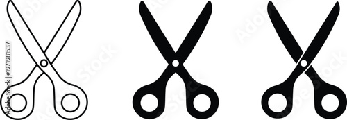 Minimalist scissors icon set, black and white cutting tool silhouettes, 3 vector elements for tailoring and office supplies, sharp blade symbols