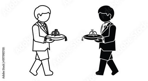 Man presenting wedding rings on a platter a distinct black silhouette