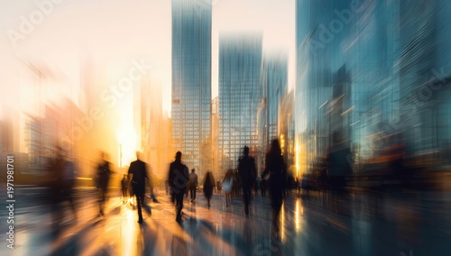 Blurred city street scene with silhouetted figures at sunrise
