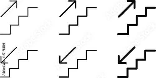 Minimalist stairs icon set with up and down arrows, black line staircase symbols in various stroke weights, career growth and progress vector elements