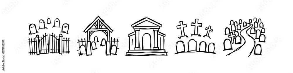 Obraz premium Hand drawn cemetery, funeral and burial doodle icons set