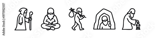 Outline Hermit and Monk Icons Set, Modern Vector Sage and Wanderer Symbols, Flat Line Art Spiritual Retreat Graphics