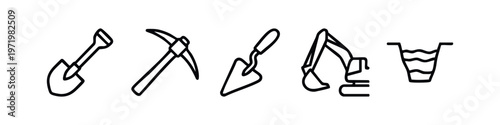 Hand drawn construction and digging tools with a water-filled trench doodle icons set