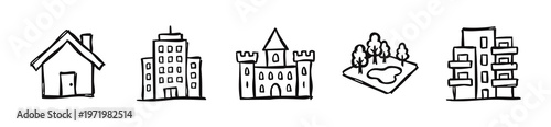 Hand drawn real estate and city buildings doodle icons set