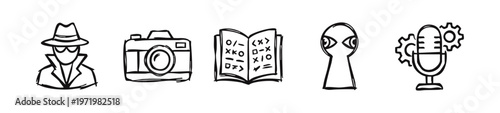 Hand drawn spy, surveillance and secret agent doodle icons set