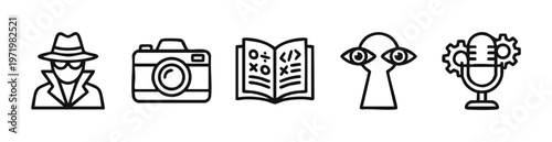 Spy, surveillance and secret agent outline vector icons set
