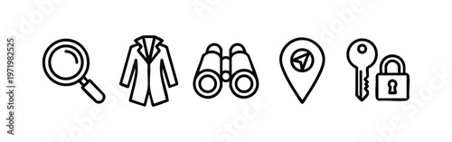 Spy and investigation detective tools outline vector icons set