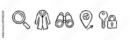 Hand drawn spy and investigation detective tools doodle icons set