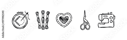 Hand drawn sewing, embroidery and crafting doodle icons set