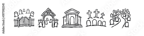Hand drawn cemetery, funeral and burial doodle icons set