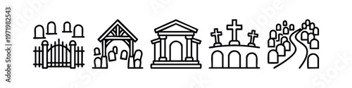 Cemetery, funeral and burial outline vector icons set
