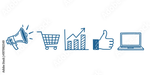 Business Marketing Icons Set Megaphone Shopping Cart Growth Chart Like Laptop Doodle Vector Collection