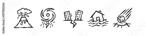 Hand-drawn Natural Disasters Doodle Icons Set. Volcano, Hurricane, Earthquake, Flood, Meteor Strike.