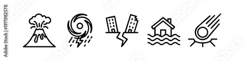 Natural Disasters Line Icons Set on White Background. Volcano, Hurricane, Earthquake, Flood, Meteor Strike.