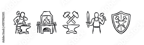 Hand-drawn Blacksmithing and Forging Doodle Icons Set. Anvil, Hammer, Forge, Metalwork Tools.