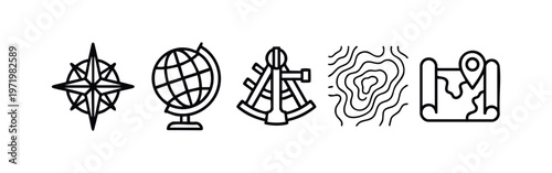 Navigation and Geography Line Icons Set on White Background. Compass, Globe, Sextant, Topographic Map.
