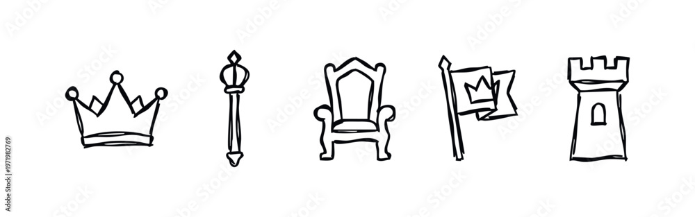Fototapeta premium Hand drawn doodle style royalty and medieval icon set. Black outline illustrations on white background.
