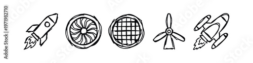Hand Drawn Aerospace and Propulsion Technology Doodle Icons Set