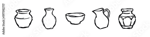 Hand Drawn Pottery and Ceramic Vessels Doodle Icons Set