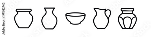 Pottery and Ceramic Vessels Line Art Icons Set