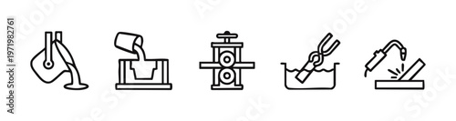 Elegant metallurgy and metalworking process outline icon set. Clean line art illustrations on white background.