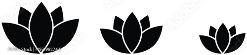 Minimalist lotus flower icons, black floral silhouettes in three sizes, zen lily blossom vector set for spa and wellness branding