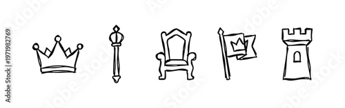 Hand drawn doodle style royalty and medieval icon set. Black outline illustrations on white background.
