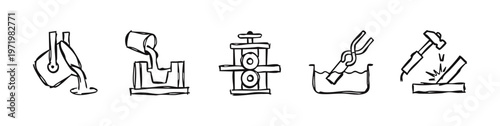 Hand drawn doodle style metallurgy and metalworking process icon set. Black outline illustrations.