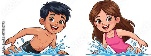 Happy cartoon children swimming with joyful expressions and water splashes in a bright, cheerful vector illustration.