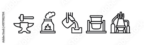 Elegant blacksmith and foundry industry outline icon set. Clean line art illustrations on white background.