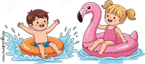 Happy children playing in water with inflatable floats, a boy in an orange ring and a girl in a pink flamingo