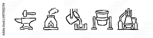 Hand drawn doodle style blacksmith and foundry industry icon set. Black outline illustrations.