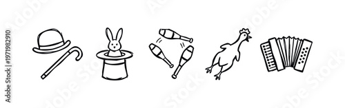 Hand-drawn whimsical performance icons: a bowler hat and cane, rabbit in a hat, juggling clubs, rubber chicken, and accordion.